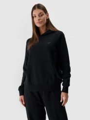 4F Bluza dresowa nierozpinana z kapturem damska - czarna S. Czarne bluzy damskie 4F, s, bez wzorów, z bawełny, sportowe, bez ramiączek, z kapturem. Za 149.99 zł.