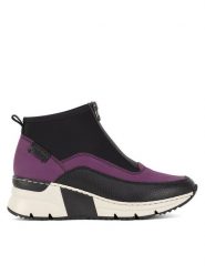 Rieker Botki N6352-30 Czarny. Czarne botki damskie Rieker, bez wzorów, z materiału, bez obcasa, na koturnie, bez zapięcia. Za 329.99 zł.