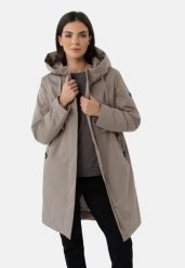 Płaszcz damski z kapturem J-AGATE. Szare płaszcze damskie Volcano, na jesień, plus size, bez wzorów, z materiału, bez kołnierzyka, z kapturem. Za 369.99 zł.