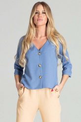 Bluzka w Serek Zapinana na Guziki - Niebieska. Niebieskie bluzki damskie Figl, l, bez wzorów, z materiału, bez kołnierzyka, bez ramiączek. Za 209.00 zł.