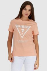 GUESS Brzoskwiniowy t-shirt damski z białym logo. Brązowe t-shirty damskie Guess, s, z aplikacjami, z bawełny, bez kołnierzyka, bez ramiączek. W wyprzedaży za 129.99 zł.