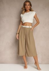 Brązowe Eleganckie Spodnie Typu Culottes Silunea. Brązowe spodnie materiałowe damskie Renee, bez wzorów, z jeansu, biznesowe. Za 74.99 zł.