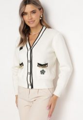 Biały Kardigan z Wiskozy i Łańcuszkami Seime. Białe kardigany damskie Born2be, bez wzorów, z jeansu, eleganckie, bez kołnierzyka. Za 139.99 zł.