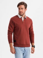 Bluza męska z białym kołnierzykiem polo - bordowa V3. Czerwone bluzy męskie Ombre Clothing, m, bez wzorów, z bawełny, bez ramiączek, bez kaptura. W wyprzedaży za 79.99 zł.