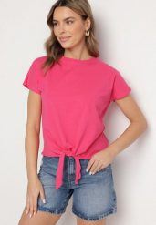 Różowy T-shirt z Bawełny z Ozdobnym Wiązaniem Sunitra. Czerwone t-shirty damskie Born2be, l, bez wzorów, z bawełny, klasyczne, bez kołnierzyka, bez ramiączek. Za 29.99 zł.
