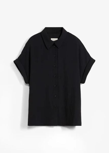 Bluzka oversized z e strukturalnej krepy. Czarne bluzki damskie bonprix, bez wzorów, bez kołnierzyka, bez ramiączek. Za 124.99 zł.