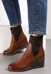 Brązowe Botki z Elastyczną Cholewką na Koturnie Touge. Brązowe botki damskie Renee, bez wzorów, za kostkę, bez obcasa, na koturnie, bez zapięcia. Za 159.99 zł.