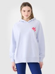 4F Bluza dresowa oversize nierozpinana z kapturem damska - niebieska M/L. Niebieskie bluzy damskie 4F, l, bez wzorów, z bawełny, klasyczne, bez ramiączek, z kapturem. W wyprzedaży za 99.99 zł.