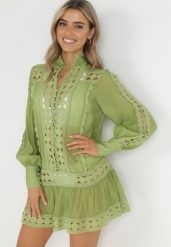 Zielona Pudełkowa Tunika z Koronką i Długim Rękawem Ahrar. Zielone sukienki damskie Born2be, na lato, bez wzorów, z koronki, bez kołnierzyka, bez ramiączek. Za 149.99 zł.
