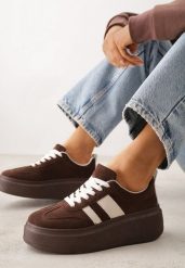 Brązowe Sneakersy Klasyczne Tenisówki na Grubej Podeszwie z Koturnem Adessia. Brązowe trampki i tenisówki damskie Renee, bez wzorów, z jeansu, bez zapięcia. Za 119.99 zł.