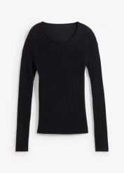 Sweter w prążek z wełny merino. Czarne swetry nierozpinane damskie bonprix, na jesień, bez wzorów, ze skóry, bez kołnierzyka, bez ramiączek. Za 189.99 zł.