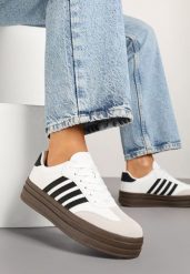 Biało-Czarne Sneakersy Tenisówki Ozdobione Paskami Naire. Białe trampki i tenisówki damskie Born2be, bez wzorów, z jeansu, bez zapięcia. Za 109.99 zł.