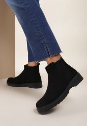 Czarne Zamszowe Botki Hillridge. Czarne botki damskie Renee, bez wzorów, z zamszu, eleganckie, za kostkę, bez obcasa, na płaskiej podeszwie, bez zapięcia. Za 84.99 zł.
