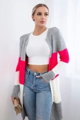 Sweter Kardigan w pasy szary+malinowy. Różowe kardigany damskie KESI, l, bez wzorów, z wełny, bez kołnierzyka, plus size. Za 178.78 zł.