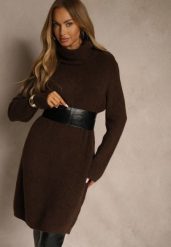Brązowa Sweterkowa Sukienka Golf z Wełną i Wiskozą Fedorina. Brązowe sukienki damskie Renee, na co dzień, bez wzorów, z wełny, bez kołnierzyka, bez ramiączek, midi, oversize. Za 179.99 zł.