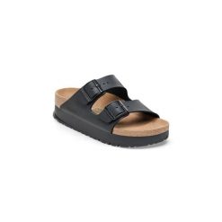 Klapki damskie Birkenstock Arizona Pap Flex Platform. Czarne klapki damskie Birkenstock, na lato, bez wzorów, z materiału, bez obcasa, bez zapięcia. Za 423.90 zł.