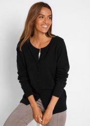 Sweter rozpinany basic z bawełny z recyklingu. Zielone kardigany damskie bonprix, bez wzorów, z bawełny, bez kołnierzyka. Za 64.99 zł.