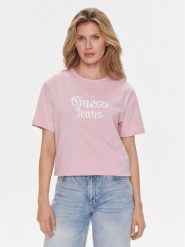 Guess T-Shirt Gothic W4RI49 K6XN4 Fioletowy Regular Fit. Fioletowe t-shirty damskie Guess, m, z aplikacjami, z bawełny, bez kołnierzyka, bez ramiączek. Za 219.99 zł.
