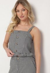 Czarna Bluzka Top ze Wzorem Kraty Ozdobiony Falbanką i Guzikami Folorae. Czarne bluzki damskie Born2be, l, bez wzorów, z jeansu, eleganckie, bez kołnierzyka, bez ramiączek. Za 44.99 zł.