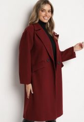 Bordowy Płaszcz Dwurzędowy Długi Swane. Czerwone płaszcze damskie Born2be, l, bez wzorów, eleganckie, bez kołnierzyka, bez kaptura. Za 199.99 zł.