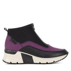 Botki Rieker. Czarne botki damskie Rieker, bez wzorów, bez obcasa, na koturnie, bez zapięcia. Za 329.99 zł.