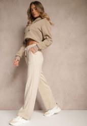 Beżowe Spodnie z Dodatkiem Wiskozy Dresowe High Waist Ellanoria. Brązowe spodnie dresowe damskie Renee, bez wzorów, z dresówki, z podwyższonym stanem. Za 44.99 zł.