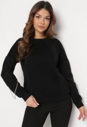 Czarna Bluza z Ozdobnym Łańcuszkiem Letonia. Czarne bluzy damskie Born2be, z aplikacjami, z bawełny, casualowe, bez ramiączek, bez kaptura. Za 89.99 zł.