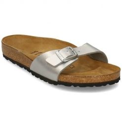 Klapki damskie Birkenstock Madrid. Szare klapki damskie Birkenstock, bez wzorów, z materiału, bez obcasa, bez zapięcia. Za 279.00 zł.