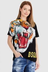 DSQUARED2 Czarny t-shirt damski z tygrysem. Czarne t-shirty damskie Dsquared2, s, bez wzorów, z bawełny, bez kołnierzyka, bez ramiączek. W wyprzedaży za 799.99 zł.