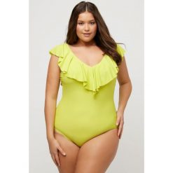 Damski Strój kąpielowy falbana dekolt w szpic miękkie miseczki. Żółte stroje kąpielowe damskie Ulla Popken, plus size, bez wzorów, z elastanu. Za 244.99 zł.