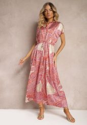 Różowo-Beżowa Sukienka Boho o Rozkloszowanym Kroju Ściągana w Talii Dimirrah. Czerwone sukienki damskie Renee, na imprezę, na lato, xl, z aplikacjami, boho, bez kołnierzyka, bez ramiączek, maxi, rozkloszowane. Za 69.99 zł.