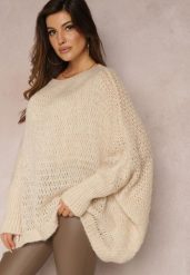 Jasnobeżowy Luźny Sweter Dzianinowy w Stylu Ponczo Nattava. Brązowe swetry nierozpinane damskie Renee, uniwersalny, bez wzorów, z dzianiny, casualowe, bez kołnierzyka, bez ramiączek. Za 84.99 zł.
