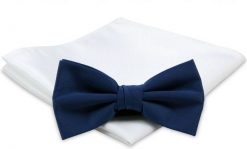 Granatowa Mucha Gładka, Jednokolorowa + Biała Poszetka - Chattier, Męska. Niebieskie krawaty i muchy Chattier, bez wzorów, z poliesteru, eleganckie. Za 59.00 zł.