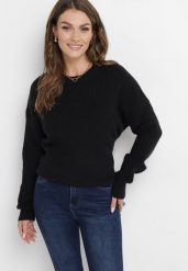 Czarny Sweter ze Ściągaczami na Rękawach Ceshia. Czarne swetry nierozpinane damskie Born2be, na zimę, bez wzorów, bez kołnierzyka, bez ramiączek. Za 74.99 zł.