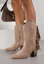 Beżowe Botki Kowbojki na Obcasie Zdobione Frędzlami Reisia. Brązowe botki damskie Born2be, z aplikacjami, z jeansu, klasyczne, bez obcasa, na obcasie, bez zapięcia. Za 119.99 zł.