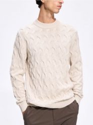 Strukturalny sweter z bawełny - beżowy. Brązowe swetry męskie Reserved, l, bez wzorów, z bawełny, bez kołnierzyka, bez ramiączek. Za 149.99 zł.