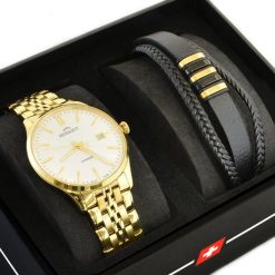 Zestaw męski Szwajcarski zegarek męski Bisset BSDF38 szafirowe szkło + bransoletka. Niebieskie zegarki męskie Bisset, bez wzorów, szklane. Za 669.40 zł.