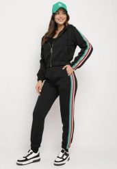 Czarny Komplet Dresowy Zdobiony Kolorowym Lampasem Spodnie i Bluza z Kapturem Neviantha. Czarne bluzy damskie Born2be, l, z aplikacjami, z dresówki, sportowe, bez ramiączek, z kapturem. Za 109.99 zł.