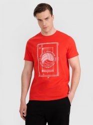 4F T-shirt regular z nadrukiem siatkarskim męski - czerwony M. Czerwone koszulki sportowe męskie 4F, l, bez wzorów, z bawełny, bez ramiączek, do siatkówki. Za 69.99 zł.