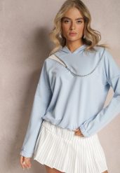 Niebieska Asymetryczna Bluza z Bawełny z Kapturem i Ozdobnym Suwakiem Lueur. Niebieskie bluzy damskie Renee, bez wzorów, z bawełny, casualowe, bez ramiączek, z kapturem. Za 79.99 zł.