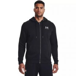 Bluza fitness męska Under Armour Essential Fleece Full Zip Hood. Czarne bluzy męskie Under Armour, l, bez wzorów, bez kaptura, na fitness i siłownię. Za 229.99 zł.