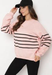 Różowa Dzianinowa Bluza z Polarem Ozdobiona Poziomymi Paskami Labril. Czerwone bluzy damskie Born2be, l, bez wzorów, z dzianiny, casualowe, bez ramiączek, bez kaptura. Za 44.99 zł.