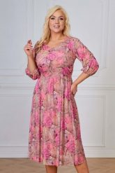 Elegancka beżowa sukienka Vanessa z rękawem 3/4 w kwiaty XXL OVERSIZE WIOSNA. Brązowe sukienki damskie Moda Size Plus Iwanek, na wiosnę, s, z aplikacjami, z elastanu, eleganckie, bez kołnierzyka, bez ramiączek, mini, dopasowane. Za 449.90 zł.