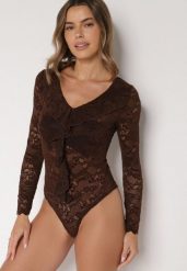 Brązowe Koronkowe Body z Falbanką Vidane. Brązowe body Born2be, z aplikacjami, z jeansu. Za 99.99 zł.