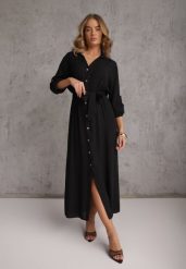 Czarna Koszulowa Sukienka Utility z Bawełny z Wiązanym Paskiem w Talii Retona. Czarne sukienki damskie Renee, na co dzień, l, bez wzorów, z bawełny, boho, bez kołnierzyka, bez ramiączek, maxi, koszulowe. Za 159.99 zł.