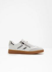 Sneakersy marki Marco Tozzi w stylu retro. Białe obuwie sportowe damskie bonprix, bez wzorów, bez zapięcia. Za 129.99 zł.