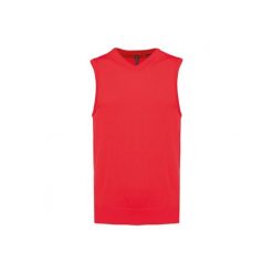 Sweter bez rękawów z dekoltem w szpic Kariban. Czerwone swetry nierozpinane damskie KARIBAN, na zimę, bez wzorów, z bawełny, bez kołnierzyka, bez ramiączek. Za 179.00 zł.