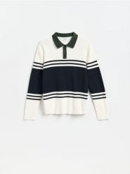 Bawełniany sweter polo - wielobarwny. Swetry męskie Reserved, l, bez wzorów, z bawełny, bez kołnierzyka, bez ramiączek. Za 139.99 zł.