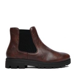 Botki Rieker. Brązowe botki damskie Rieker, bez wzorów, bez obcasa, na płaskiej podeszwie, bez zapięcia. Za 369.99 zł.