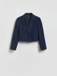 Marynarka z lnem - granatowy. Niebieskie marynarki i żakiety damskie Reserved, bez wzorów, z tkaniny, bez kołnierzyka, bez ramiączek. Za 179.99 zł.